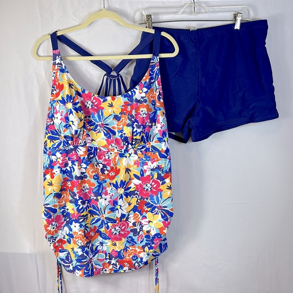 Yonique Floral 2 piece Swimsuit with Blue adjustable straps size 22W new tags